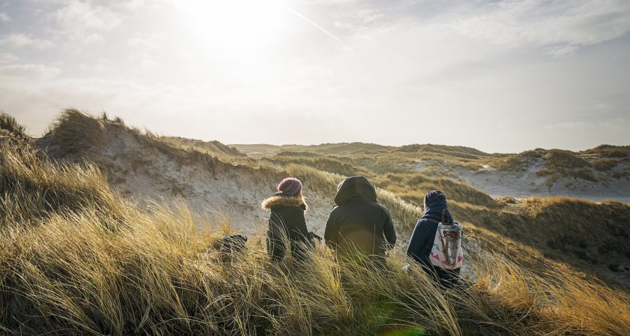 Denmark, Henne Strand, People hiking in dune landscape