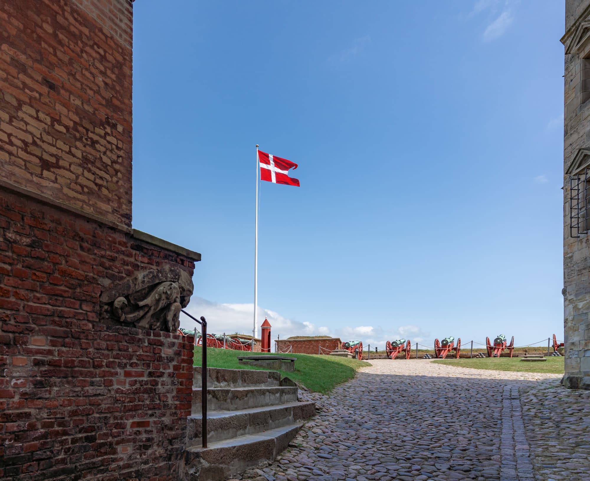 Flag of Denmark known as Dannebrog at Kronborg Castle - Helsingor, Denmark